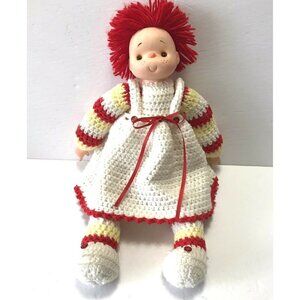 Handmade Vintage Crochet Plush Doll White Red Yellow Freckles collectible Dress